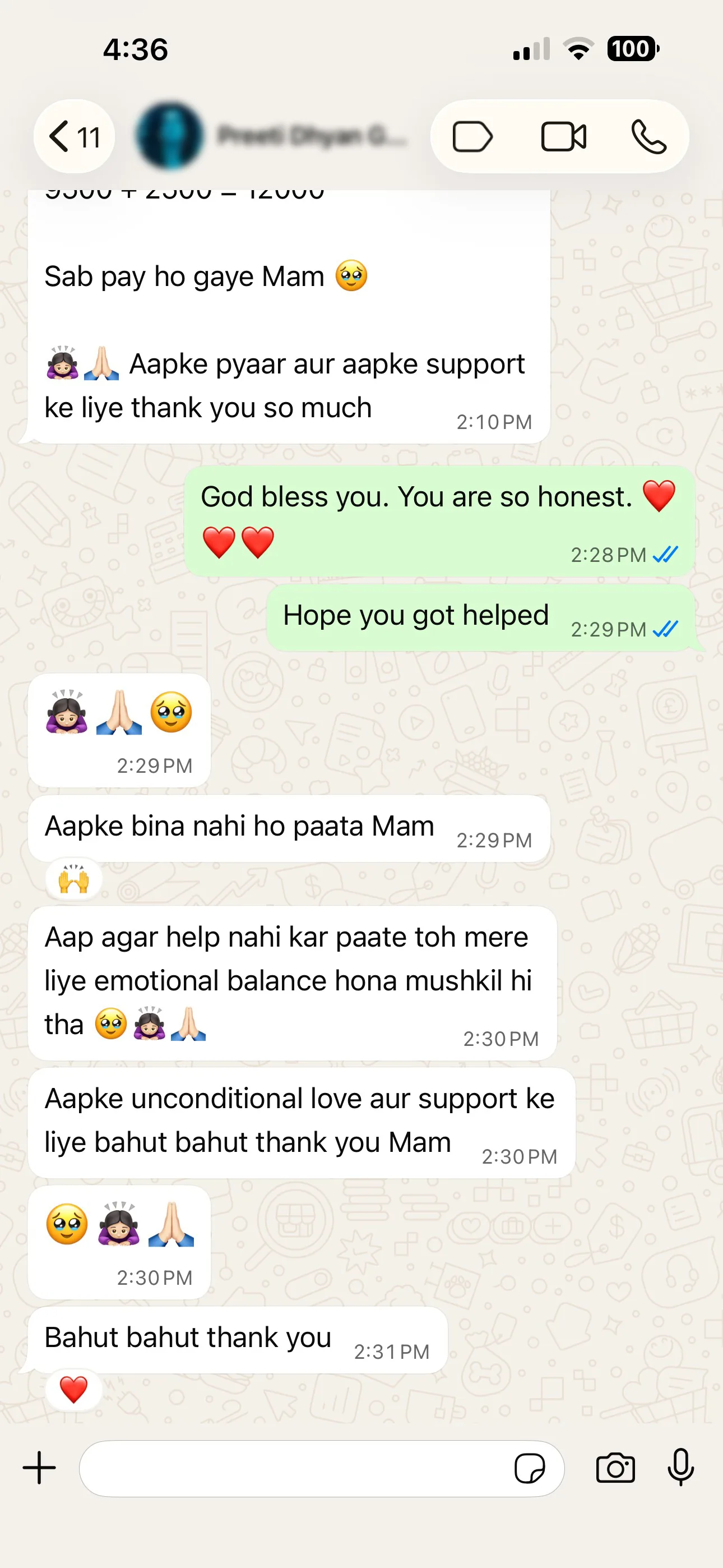 WhatsApp testimonial expressing gratitude for emotional balance and support